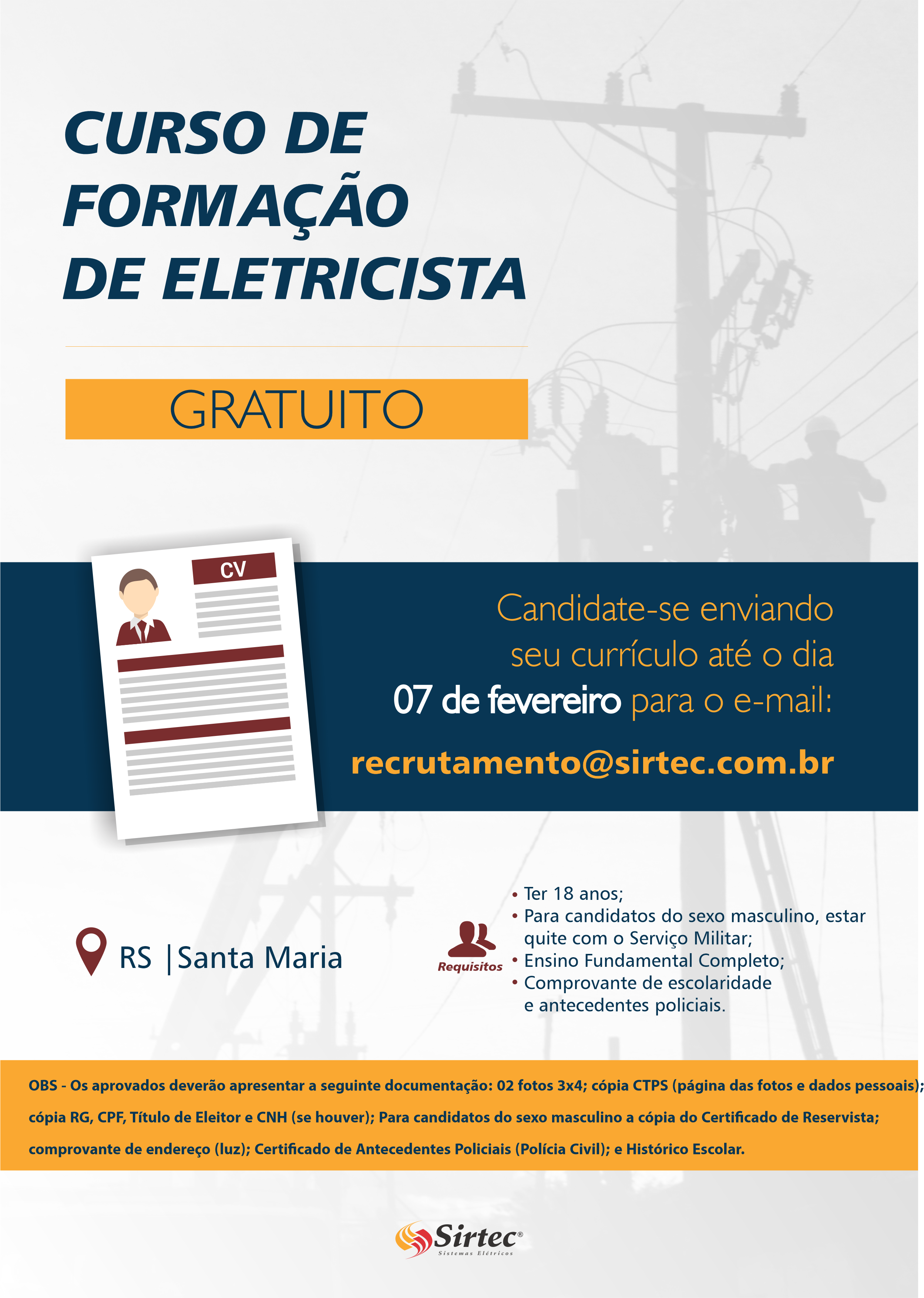 Inscrições abertas para o Curso de Formação de Eletricista em Santa Maria/RS  | Sirtec Sistemas Elétricos